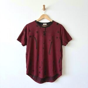 Kliegou Mens XL Burgundy Distressed Abstract Short Sleeve Curved Hem Shirt